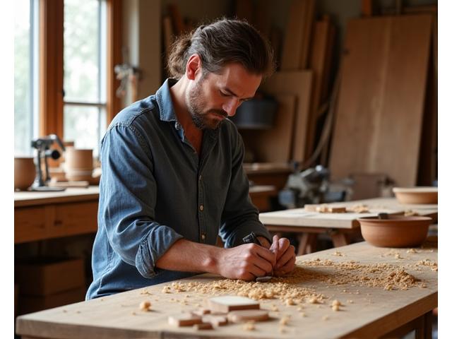 Jean-Luc Quentar, fondateur de l'ébénisterie, travaillant le bois dans son atelier avec son équipe.