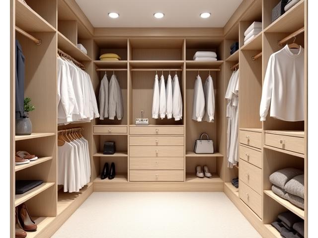 Dressing sur mesure en bois clair avec solutions de rangement modulables